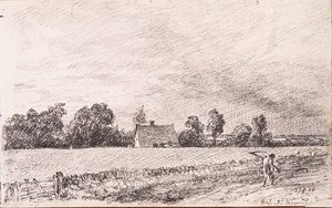 Stugor och väg, Östra Bergholt, penna av John Constable