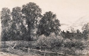 Landskap med almträd och ett hus (grafit på papper) av John Constable