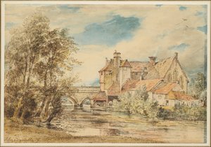 Gamla hus vid Harnam Bridge, Salisbury, med Sankt Nikolaus gamla sjukhus av John Constable