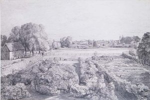 Utsikt över Östra Bergholt över köksträdgården till Golding, konstapelns hus av John Constable