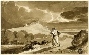Kvinna med bebis flyr över mossarna av John Constable