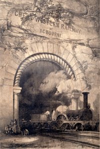 Acheron 2-2-2 lokomotiv som kommer från en tunnel nära Bristol, frontispice till The History and Description of the Great Western Railway, 1846 av John Cooke Bourne
