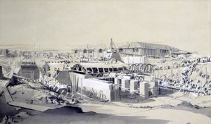 Building the Stationary Engine House, Camden Town, 26 april 1837 (penna & bläck och tvätt på papper) av John Cooke Bourne