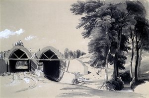 Occupation Bridge, Bugbrooke, Northamptonshire, 9 juli 1837 (penna och bläck och tvätt på papper) av John Cooke Bourne