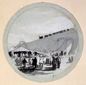 Opening, London & Birmingham Railway, ca 1838 (penna & bläck och tvätt på papper) av John Cooke Bourne