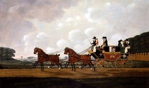 Herrarna Richard Costar och Christopher Ibbersons Ludlow till Worcester Mail Coach on the Road