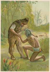 Scen från Robinson Crusoe av Daniel Defoe, 1892