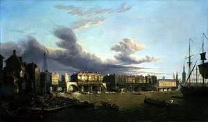 Utsikt över Old London Bridge som den var 1747 (olja på duk)