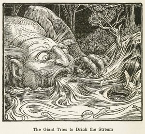 Jätten försöker dricka strömmen, från Europas Fairy Book, pub. 1916 (gravyr)