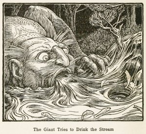 Jätten försöker dricka strömmen, från Europas Fairy Book, pub. 1916.