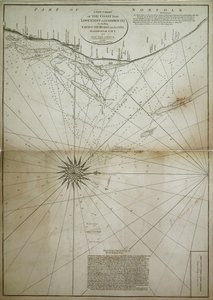 Ett nytt sjökort över kusten från Lowestoff till Hasbrough inklusive Yarmouth Roads and Sands, Hasbrough Gatt och de nya ljusen av John Diston