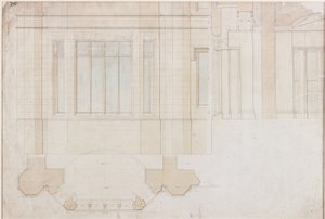 Design för fönstret i Holme Eden (penna och bläck samt tvätt (blått och brunt) på papper (på papper)) av John Dobson