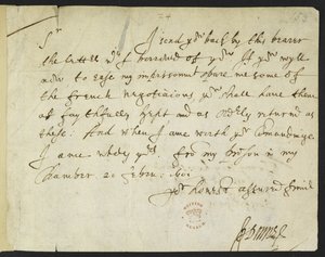 Cotton Julius C. III, f.153 Autografbrev från John Donne till Sir Robert Cotton, skrivet från fängelset, 20 februari 1601 (bläck på papper) av John Donne