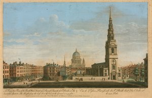 En perspektivvy av nordvästra fronten av församlingskyrkan St Brides med den vackra spiran