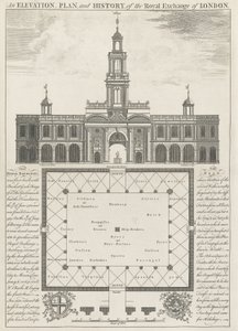 En höjd, plan och historia av Royal Exchange of London