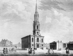Nordvästlig utsikt över St Giless kyrka i fälten, 1753