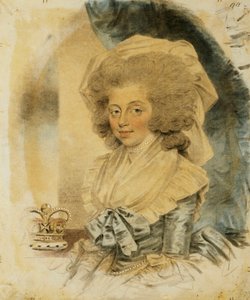 Porträtt av drottning Charlotte, liten halvlång klädd i en blå och vit klänning, hennes krona bredvid henne, 1787