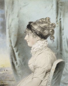 Porträtt av en dam, identifierad som Eliza Were Holdsworth, sittande, halvlängd, i profil till vänster, i en vit klänning och med ett svart hårband, bredvid draperier, med kustutsikt bortom, 1804