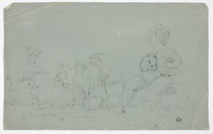 Antik basrelief med sittande pojke som håller falk och åtföljd av hund, får och getter