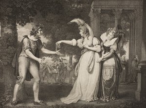 Gräsmatta framför hertigens palats, akt I, scen II, från "As You Like It", från The Boydell Shakespeare Gallery, publicerad i slutet av 1800-talet av John Downman