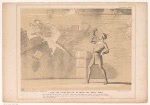Spotprent träffade John Russell Jack den gigantiska mördaren, blåser i det magiska hornet (titel på objekt) HB Sketches (serietitel på objekt) av John Doyle