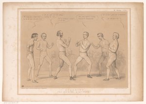 Spotprent träffade Lord Bentinck och Lord Lyndhurst i en bokswedstrijd Sparring. Ett set till, utan handskarna, förresten Wind-up! (titel på objekt) HB Sketches (serietitel på objekt) av John Doyle