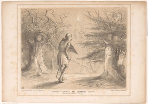 Spotprent träffade Lord Russell als Tancredi Tancred in i den förtrollade skogen. Se Jerusalem levererat. Canto XIII (titel på objekt) HB Sketches (serietitel på objekt) av John Doyle