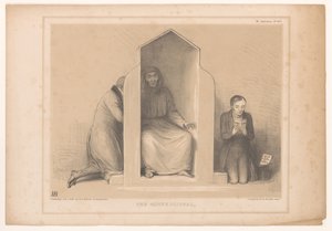 Spotprent träffade Roebuck als biechtvader Biktstolen (titel på föremål) HB Sketches (serietitel på objekt) av John Doyle