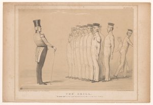 Spotprent träffade premier Peel als militaire instructeur Borren. Avvisa - som du var (stadig där i den bakre rangen.) (titel på objekt) HB Sketches (serietitel på objekt) av John Doyle