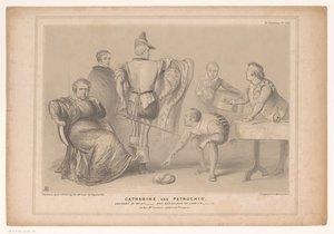 Spotprent träffade premier Robert Peel och Joseph Hume Catherine och Petruchio. Designad av Mr D