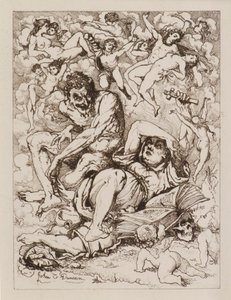 Liggande figur som håller kors, djävulen sitter i närheten omgiven av flytande figurer (etsning) av John Duncan
