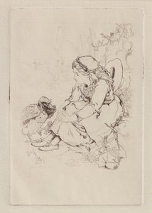 Sittande flicka och stor fågel (etsning) av John Duncan