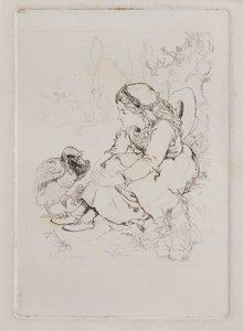 Sittande flicka och stor fågel (etsning) av John Duncan