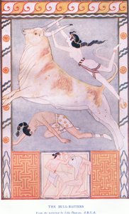 The Bull Baiters, illustration från Myths of Crete och puben Pre-Hellenic Europe. av Gresham Publishing Company Limited 1920-talet av John Duncan