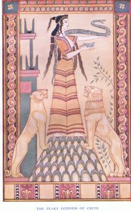 Ormgudinnan på Kreta, illustration från Myths of Crete och puben Pre-Helenic Europe. av Gresham Publishing Company Limited 1920-talet