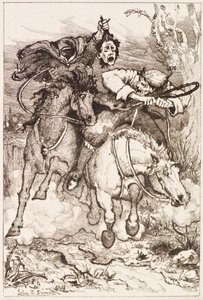 Två galopperande ryttare [en bär sitt eget huvud] (etsning) av John Duncan