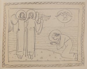 Utan titel [Knästående figur och två änglar] (penna) av John Duncan