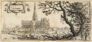 Två figurer som står vid ett stort träd på höger sida i förgrunden; staden Chichester i fjärran; stadsmuren som löper genom scenen; Chichester Cathedral i mitten av bilden, ca 1660 (etsning) av John Dunstall
