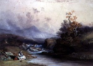 Vy över en bergstorrent, med två kvinnliga figurer, 1800-talet