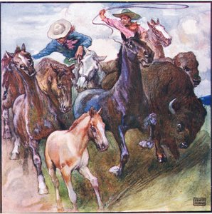 Bort gick han-vild buffel-vild häst och vild jägare (färg litho)