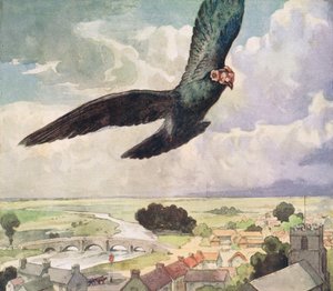 Fågel som flyger över en stad, illustration från "Hjälparna utan händer" av Gladys Davidson, publicerad 1919 (litho i färg) av John Edwin Noble