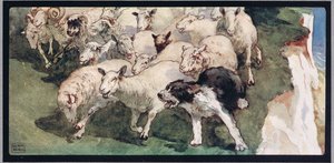 Bobtail fårhund och flock på klippor, illustration från "Hjälparna utan händer" av Gladys Davidson, publicerad 1919 (färg litho) av John Edwin Noble