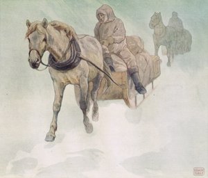 Hästdragen släde, illustration från "Hjälparna utan händer" av Gladys Davidson, publicerad 1919 (litho i färg) av John Edwin Noble