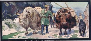 Mountain yaks, illustration från "Hjälparna utan händer" av Gladys Davidson, publicerad 1919 (färg litho) av John Edwin Noble