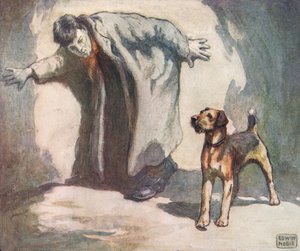 Polishund på jobbet, illustration från "Hjälparna utan händer" av Gladys Davidson, publicerad 1919 (litho i färg) av John Edwin Noble