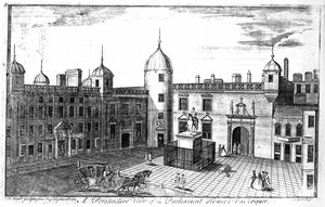 A Perspective View of Parliament House and Exchequer, Edinburgh, indgraveret af A. Bell swed av John Elphinstone