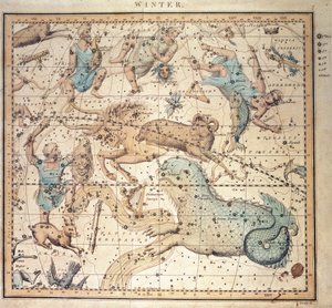 Himmelsdiagram: Vinter, visar zodiakens tecken och stjärnornas positioner (gravyr)