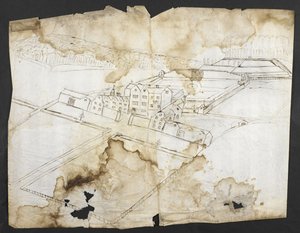 Lägg till. 78610 (i) Prospect of Wotton med trädgården, grottan och omgivningarna från nordväst, ca 1650 (penna och bläck på papper) av John Evelyn