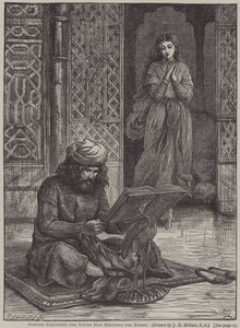 Zobeide upptäcker den unge mannen som reciterar Koranen (gravyr) av John Everett (after) Millais
