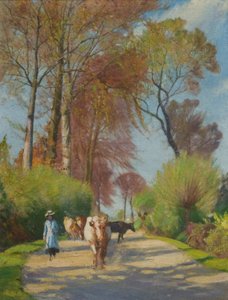 Country Lane med figur och ko (olja ombord)